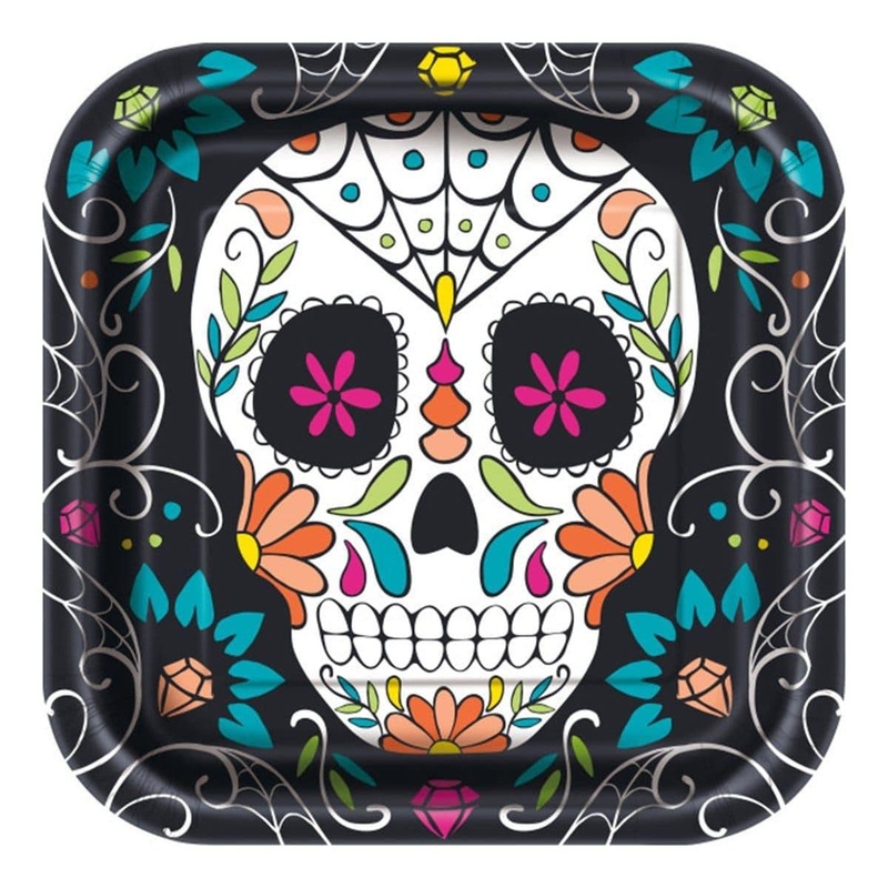 Day of the Dead Sugar Skulls paper plates 9 inches, 8 per package