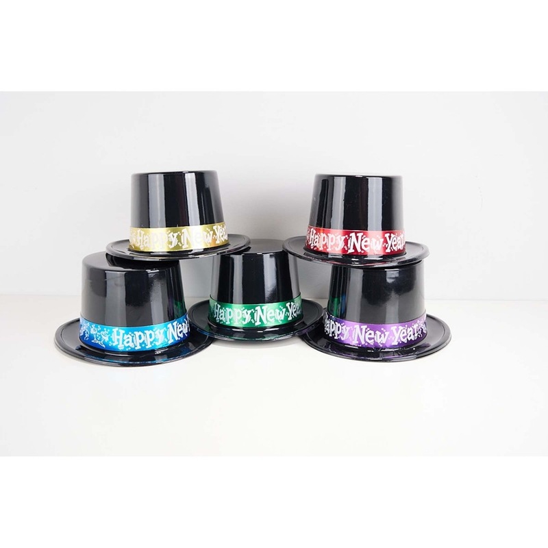 Black Top Hats With Foil Happy New Year Band