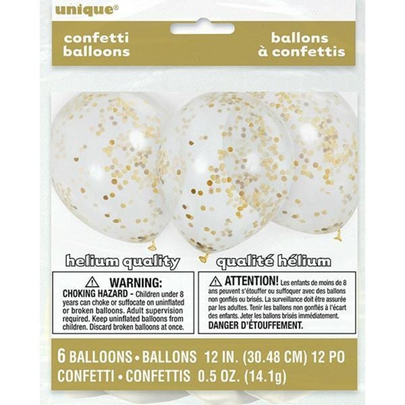 Clear Latex Balloons With Gold Confetti, 12 Inches, 6 Count