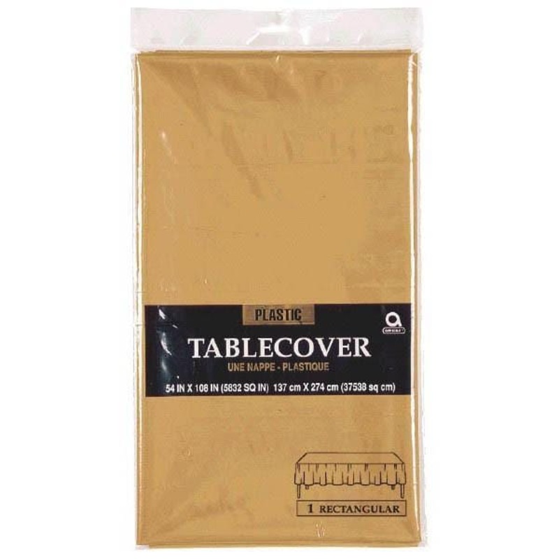 Gold Plastic Tablecover, 54 x 108 Inches, 1 Count