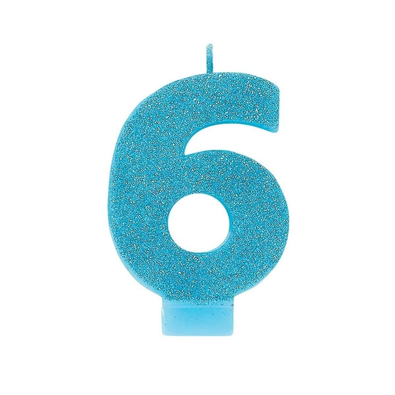Numeral Glitter Candle #6 - Caribbean Blue