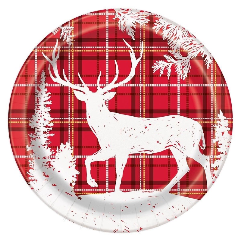 Plaid Deer Plate, 9 Inches, Red, 8 Count