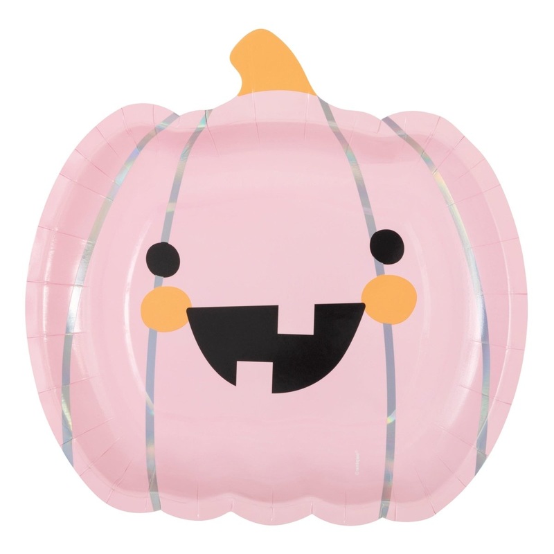 Groovy Halloween Large Pink Pumpkin Shaped Lunch Paper Plates, 9 Inches, 8 Count
