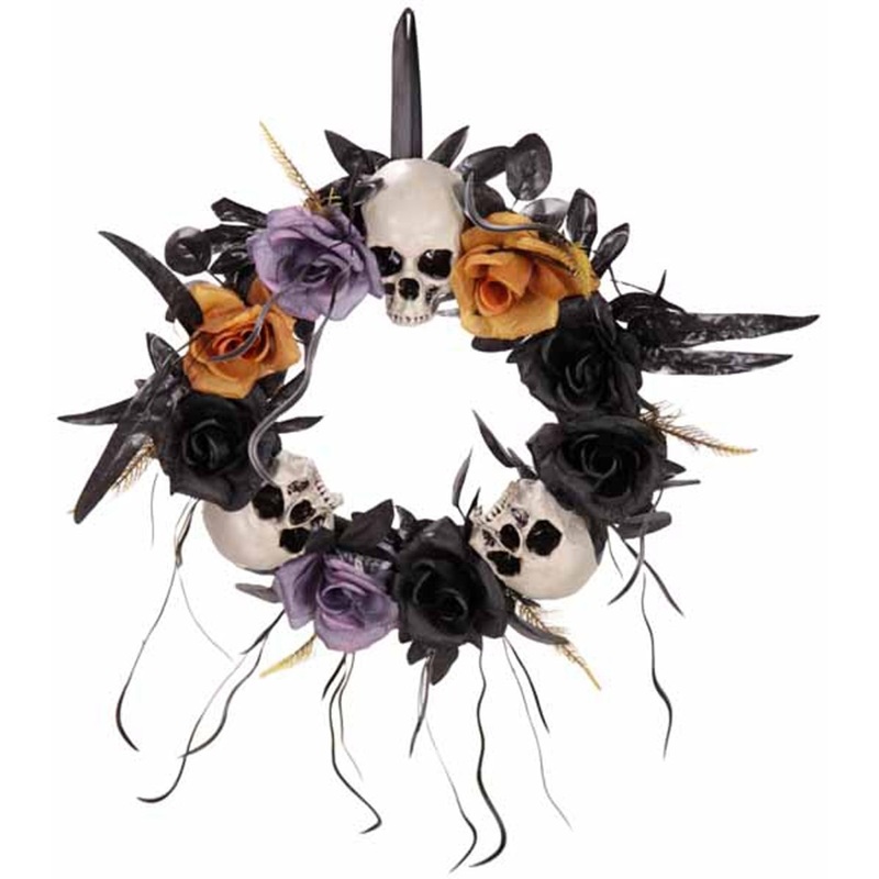Wreath Flowers and Skulls, 16 Inches, 1 Count