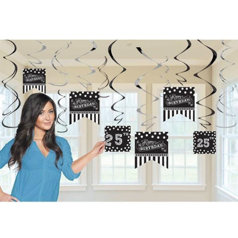 Black and White Happy Birthday Swirl Decorations, 6 Count