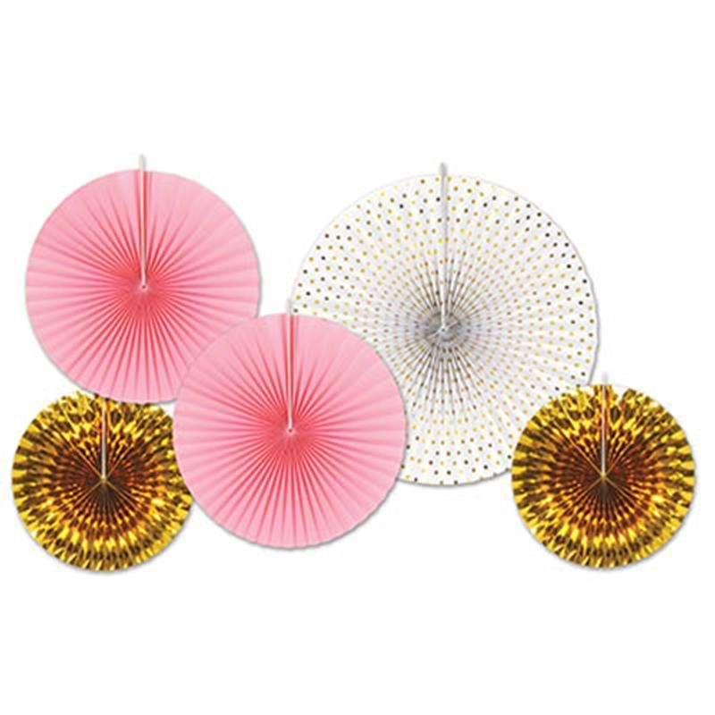Paper Fans 5/pkg - Pink/gold/white