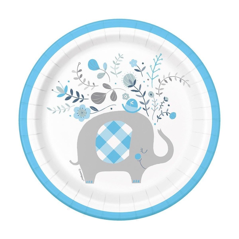 Blue Floral Elephant Plates, 7 inches, 8 Count