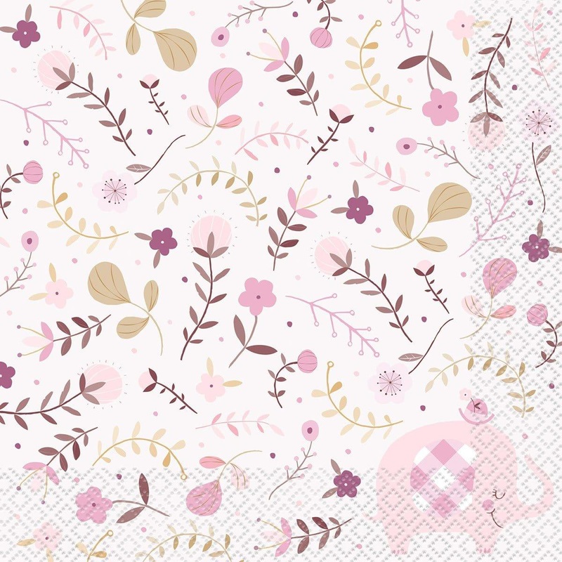 Pink Floral Elephant Lunch Napkins, 16 Count