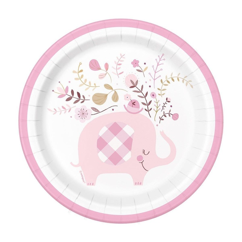 Pink Floral Elephant Plates, 7 inches, 8 Count