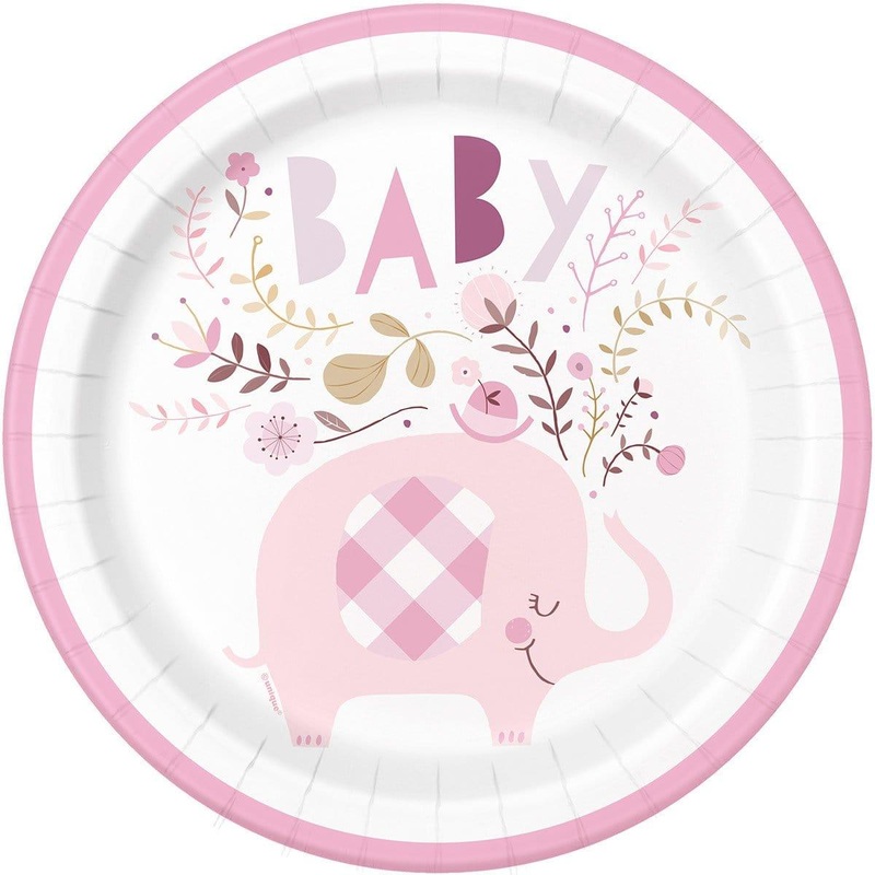 Pink Floral Elephant Plates, 9 inches, 8 Count