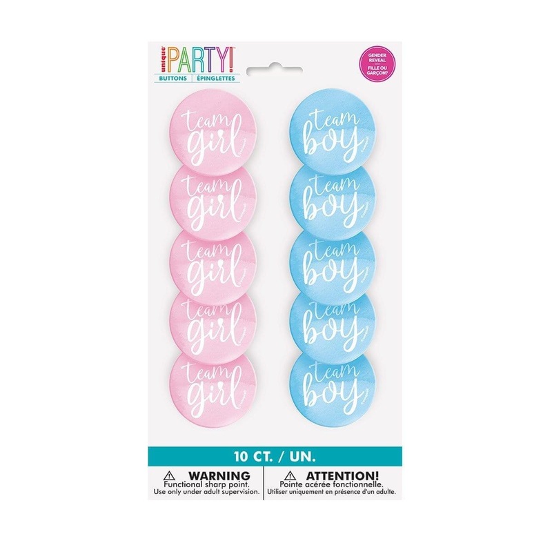 Team Boy / Team Girl Buttons, Gender Reveal Party, 10 Count