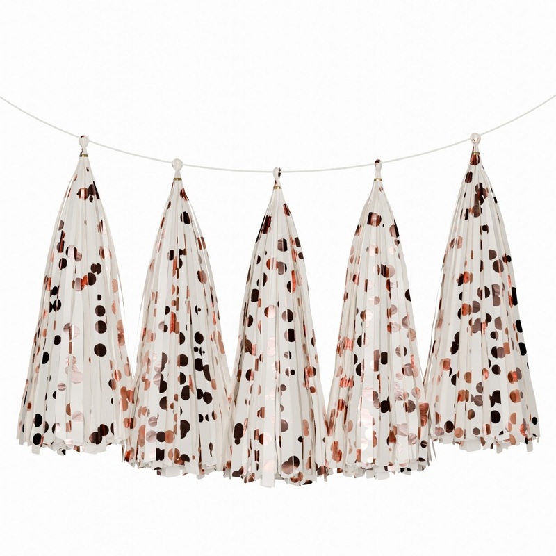 White & Rosegold Dots Tassel Garland, 5 Count