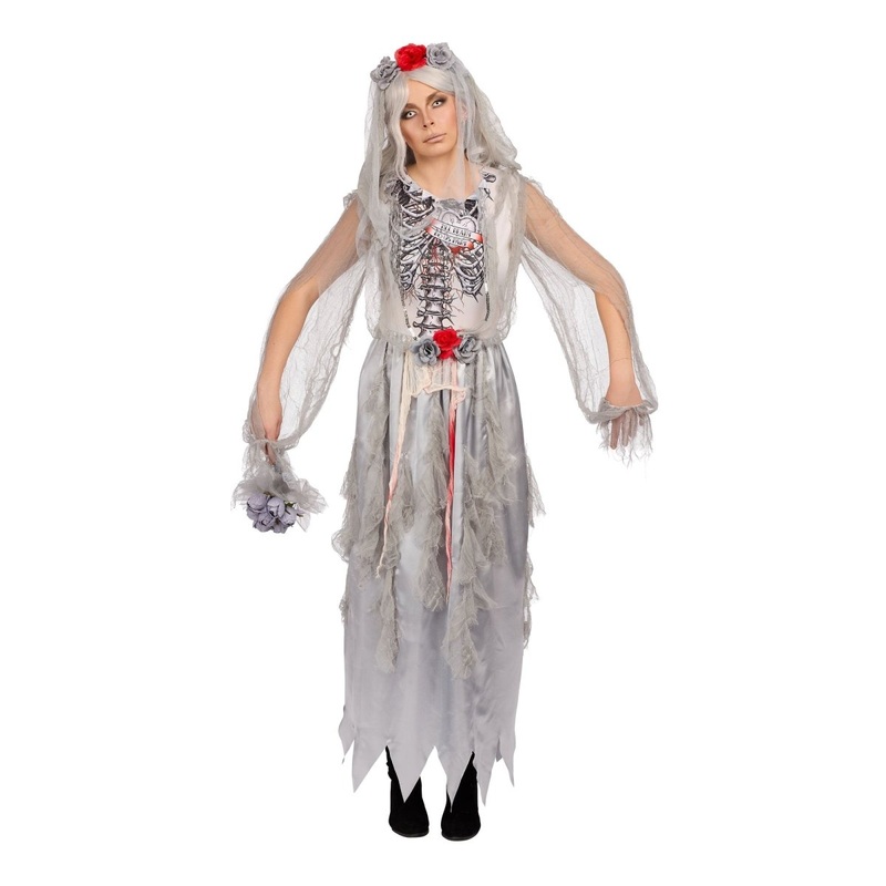 Zombie Bride Costume for Adults, Grey Dress S/M