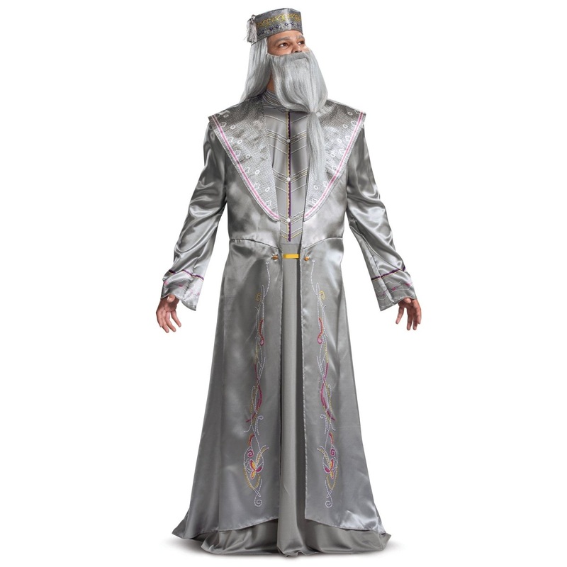 Albus Dumbledore Deluxe Costume for Adults, Harry Potter, Grey Printed Robe with Detachable Collar and Hat with Tassel L/XL