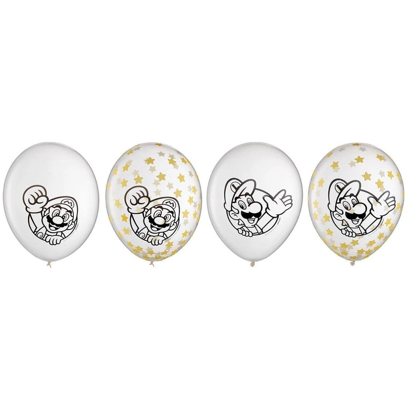 Super Mario Bros Birthday Party Clear Latex Balloons with Stars, 6 Count