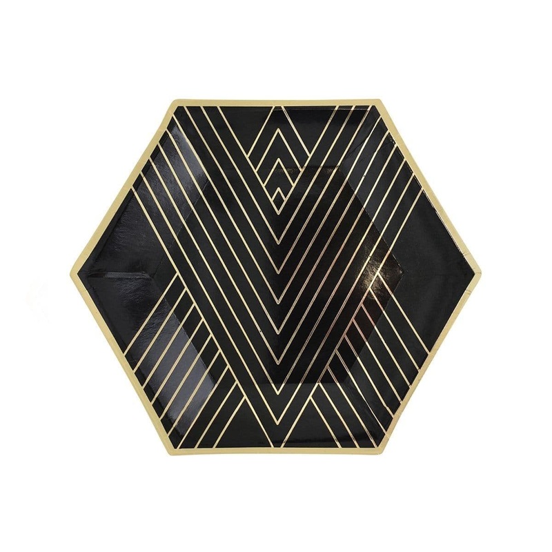 Hexagon Plates 7'' - Black & Gold - 8/Pk