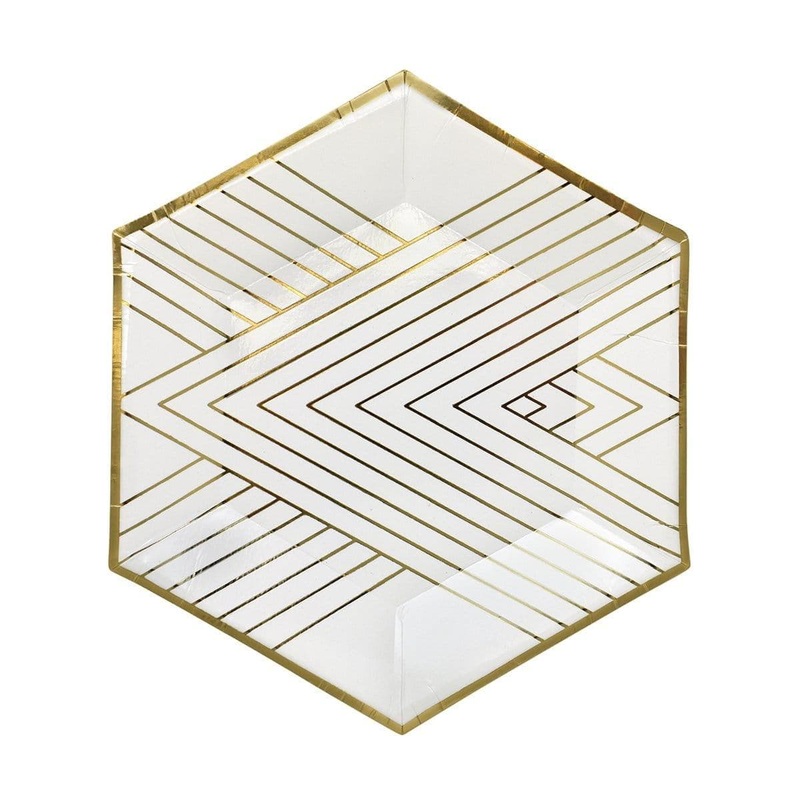 Hexagon Plates 7'', White And Gold - 8/Pk