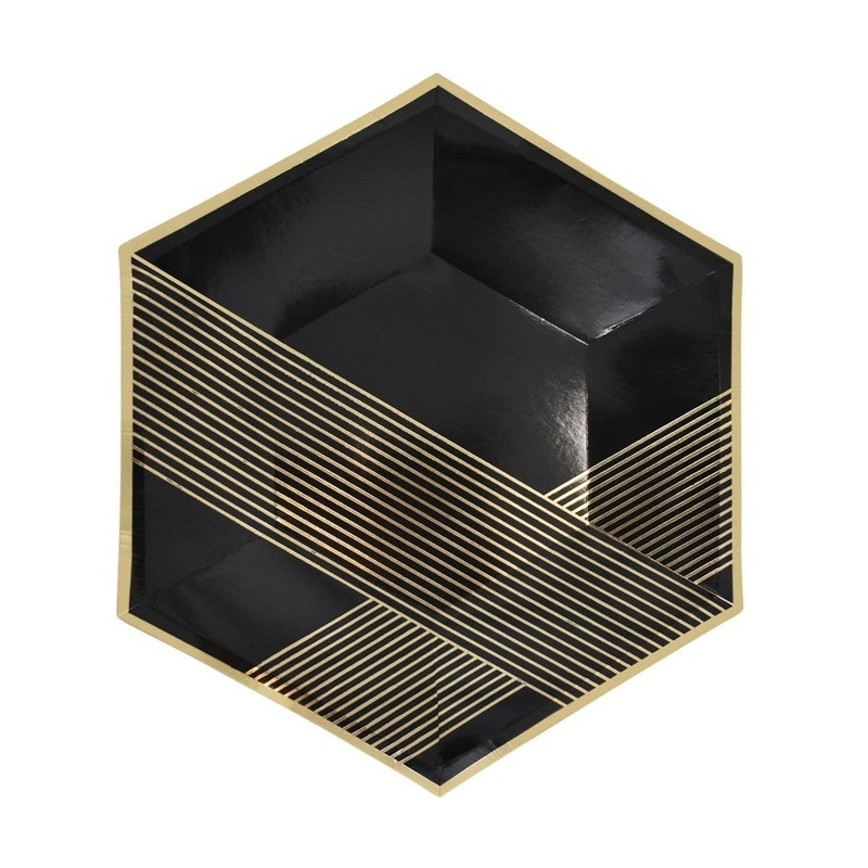 Hexagon Plates 9'' - Black & Gold - 8/Pk