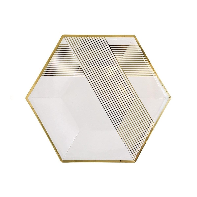 Hexagon Plates 9'' - White And Gold - 8/Pk