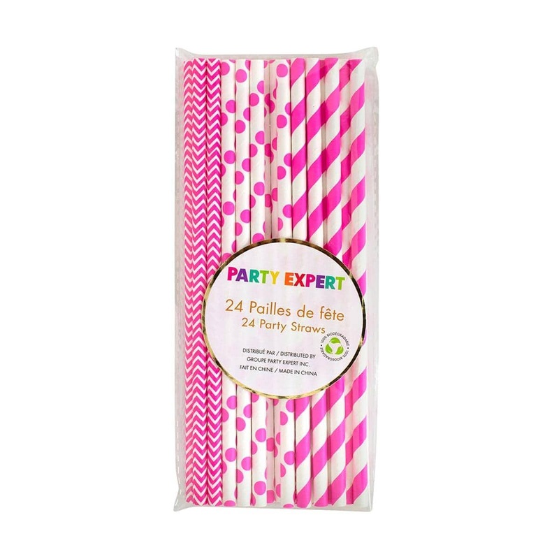 Hot Pink And White Paper Straws, 24 Count
