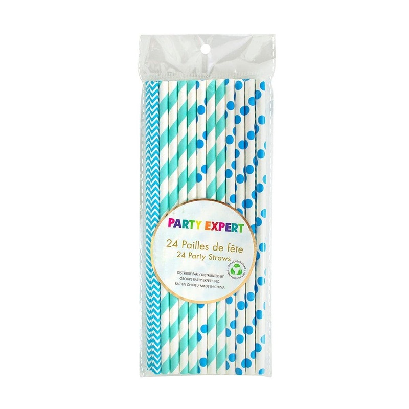 Light Blue And White Paper Straws, 24 Count