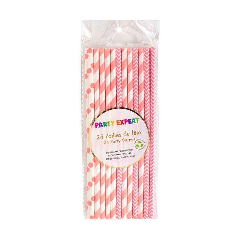 Light Pink And White Paper Straws, 24 Count