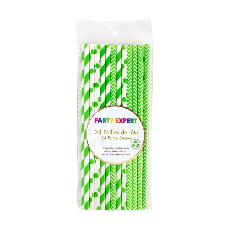 Lime Green And White Paper Straws, 24 Count