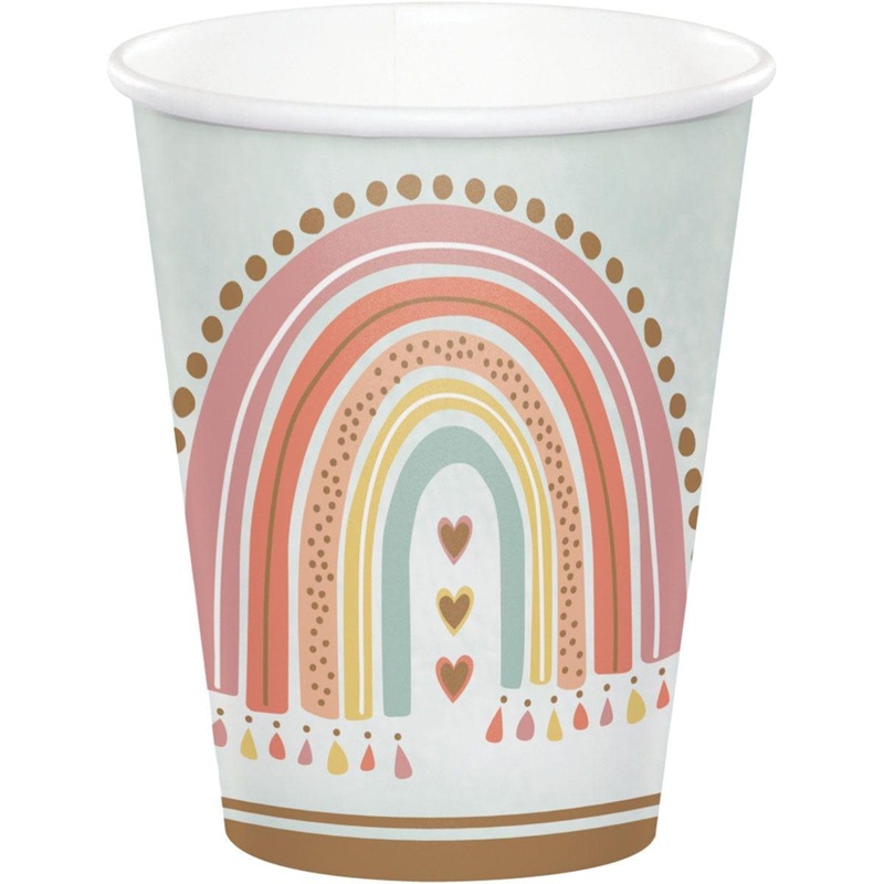 Boho Rainbow Paper Cups, 9oz, 8Count