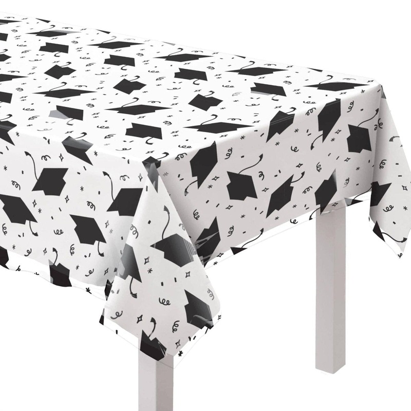 Clear Graduation Table Cover with Black Hats, 52 x 90 Inches