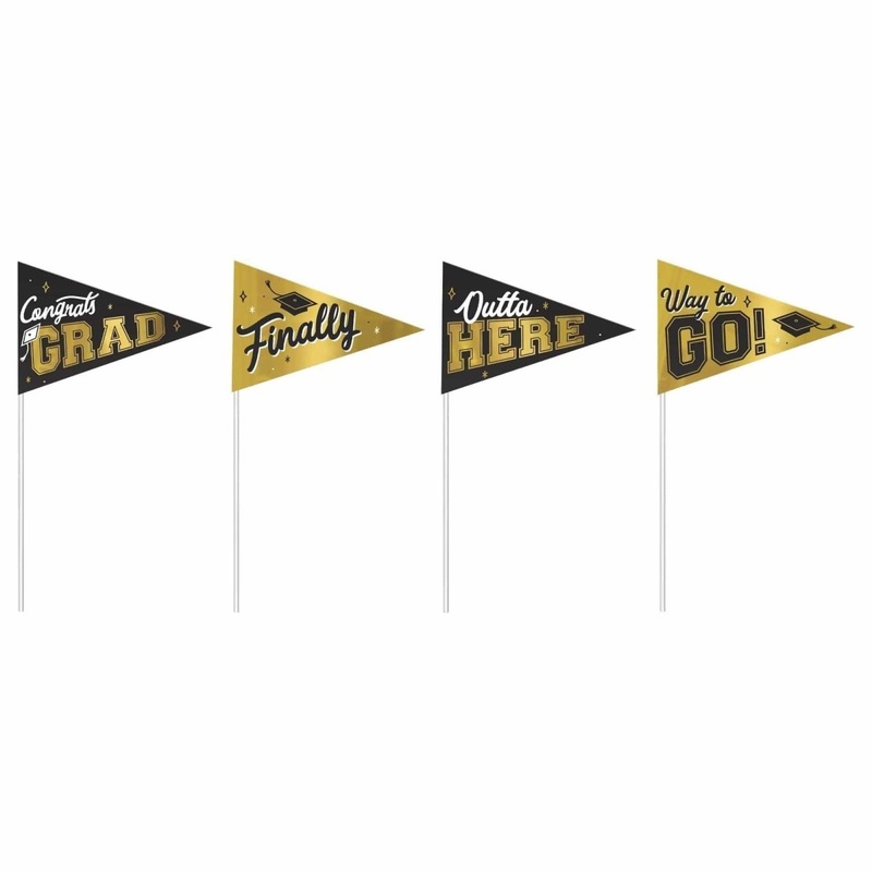 Graduation Pennants, Black and Gold, 4Count