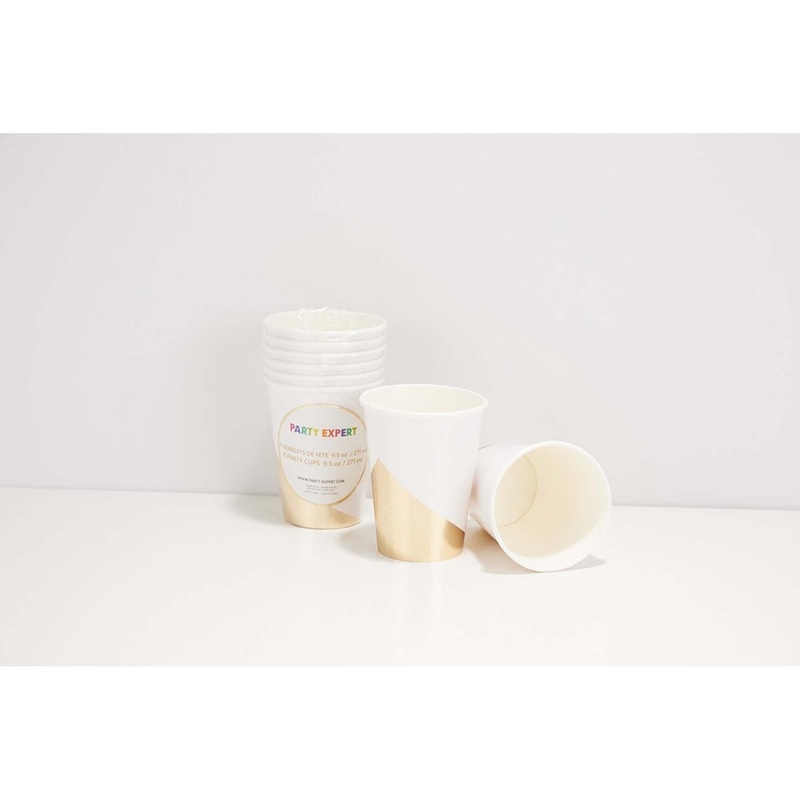 White & Gold Strip Cups, 9 Oz, 8 Count