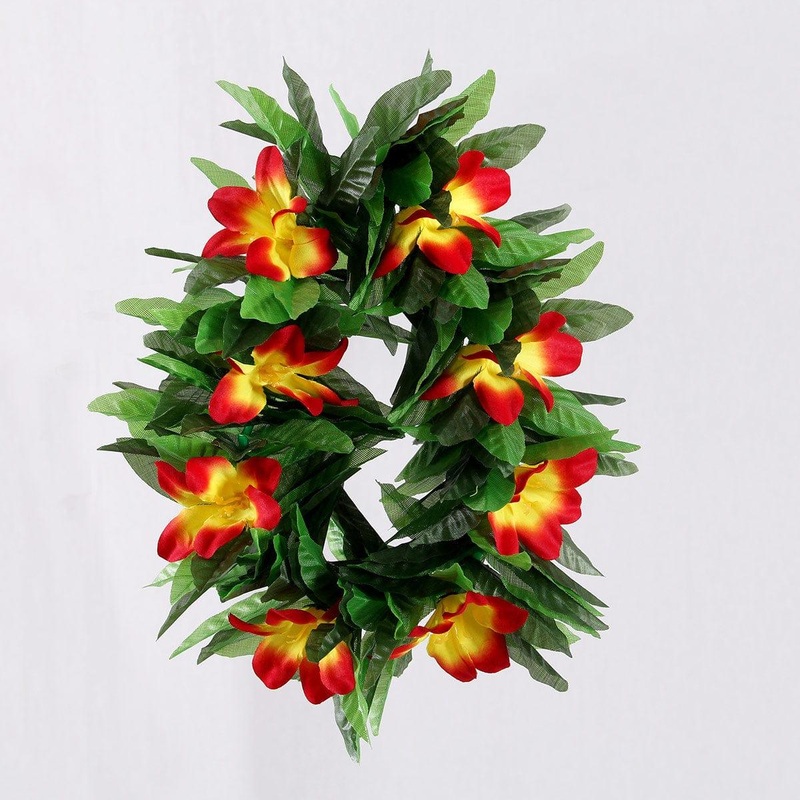 Honolulu Flower Headband with Leaves, Red and Yellow