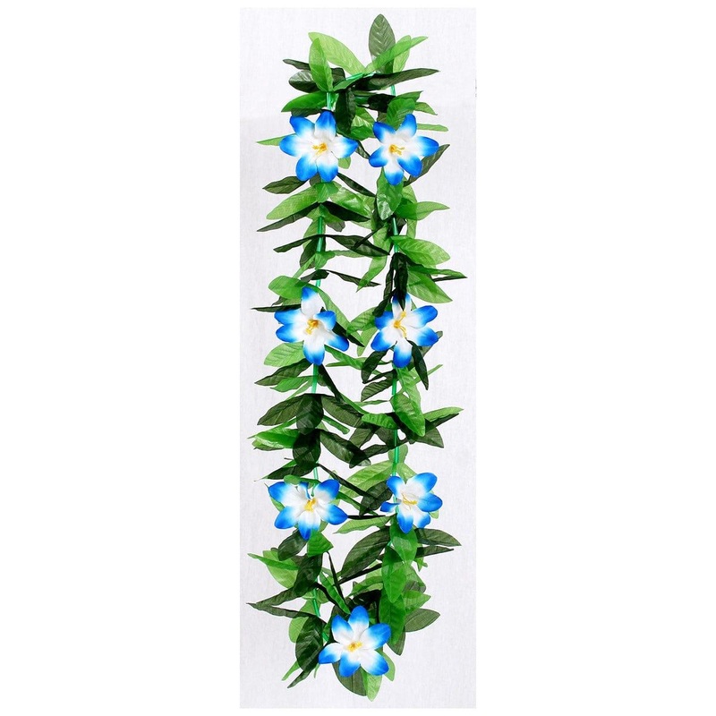 Honolulu Flower Lei Necklace with Leaves, Blue
