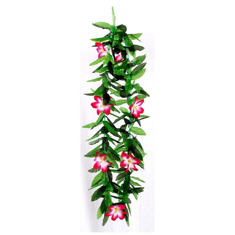 Honolulu Flower Lei Necklace with Leaves, Fuchsia