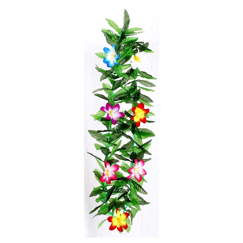 Honolulu Flower Lei Necklace with Leaves, Multicolour