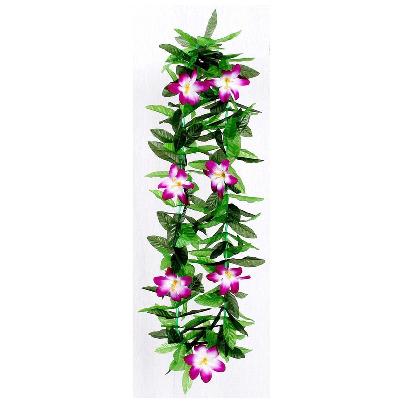 Honolulu Flower Lei Necklace with Leaves, Purple