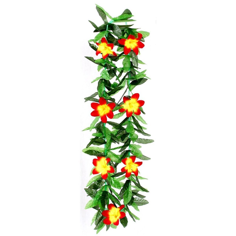 Honolulu Flower Lei Necklace with Leaves, Red and Yellow