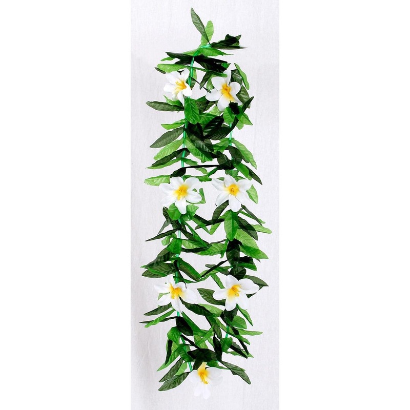 Honolulu Flower Lei Necklace with Leaves, White