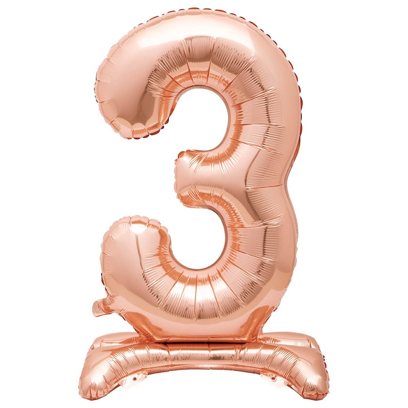 Air-filled Standing Rose Gold Number 3 Foil Balloon, 34 inches