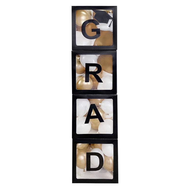 Black Transparent Balloon Boxes with "Grad" Letters, 4Count