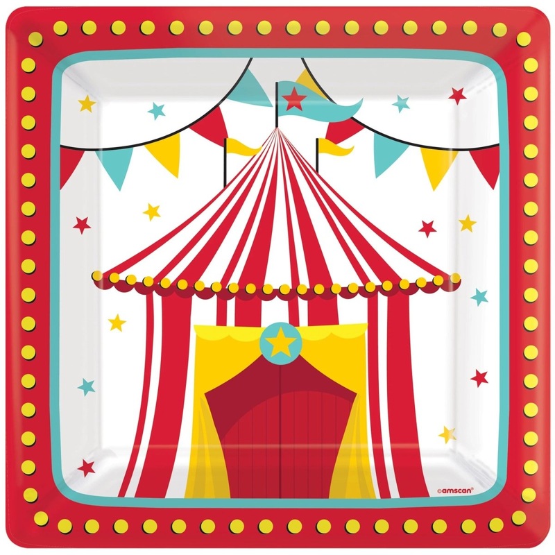 Carnival Birthday Party Large Square Lunch Paper Plates, 10.5 inches, 8 Count