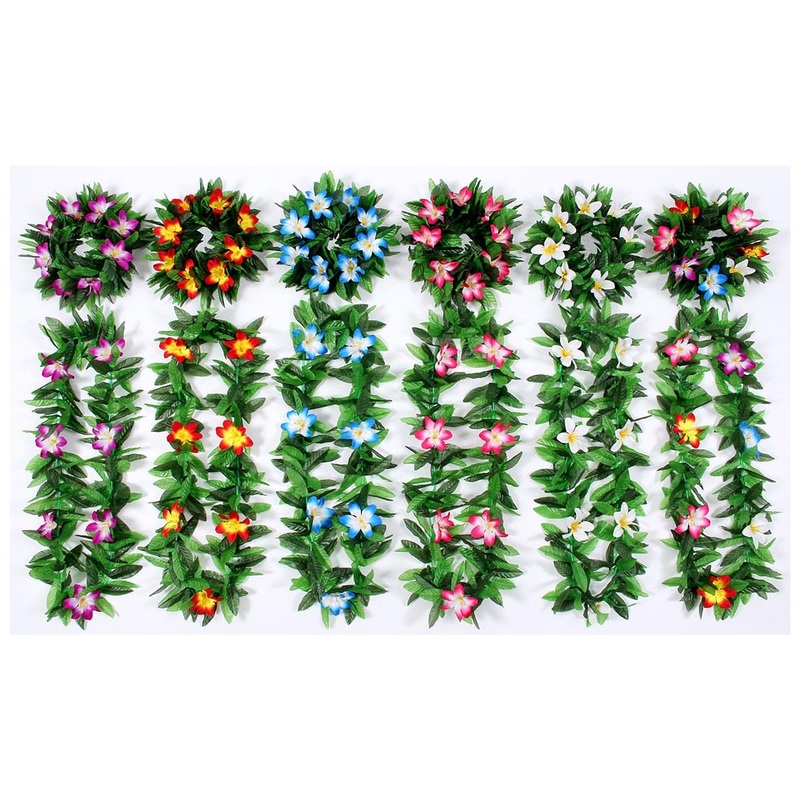 Honolulu Flower Lei Necklace and Headband with Leaves Kit, 12 Count