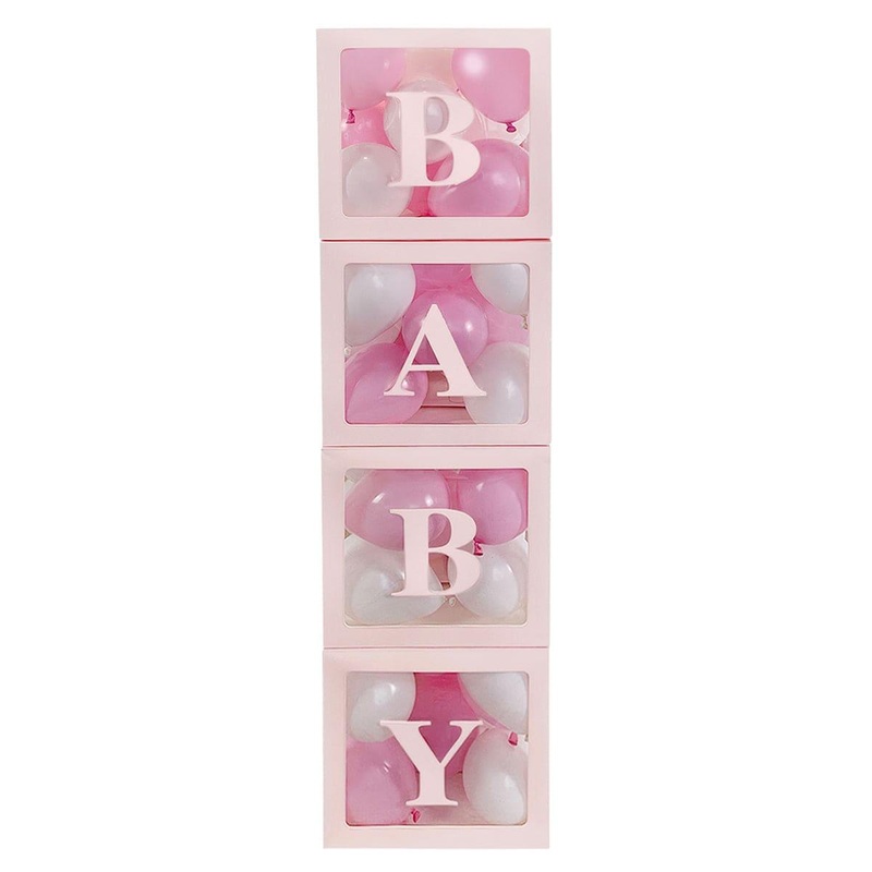 Light Pink Clear Balloon Boxes with "Baby" Letters, 4Count