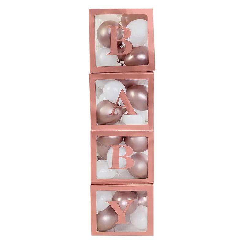 Rose Gold Clear Balloon Boxes with "Baby" Letters, 4Count
