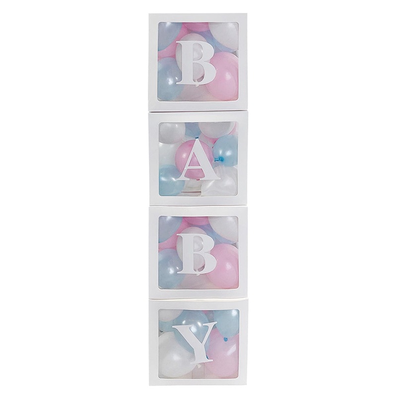 White Clear Balloon Boxes with "Baby" Letters, 4Count
