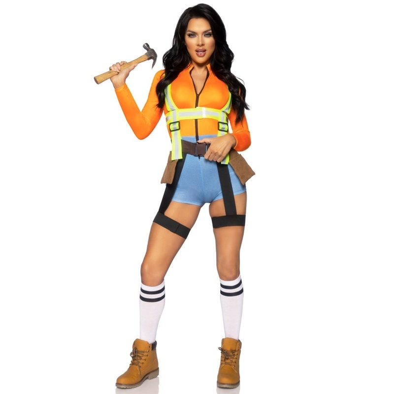 Construction Worker Sexy Costume for Adults, Romper with Tool Pockets XS