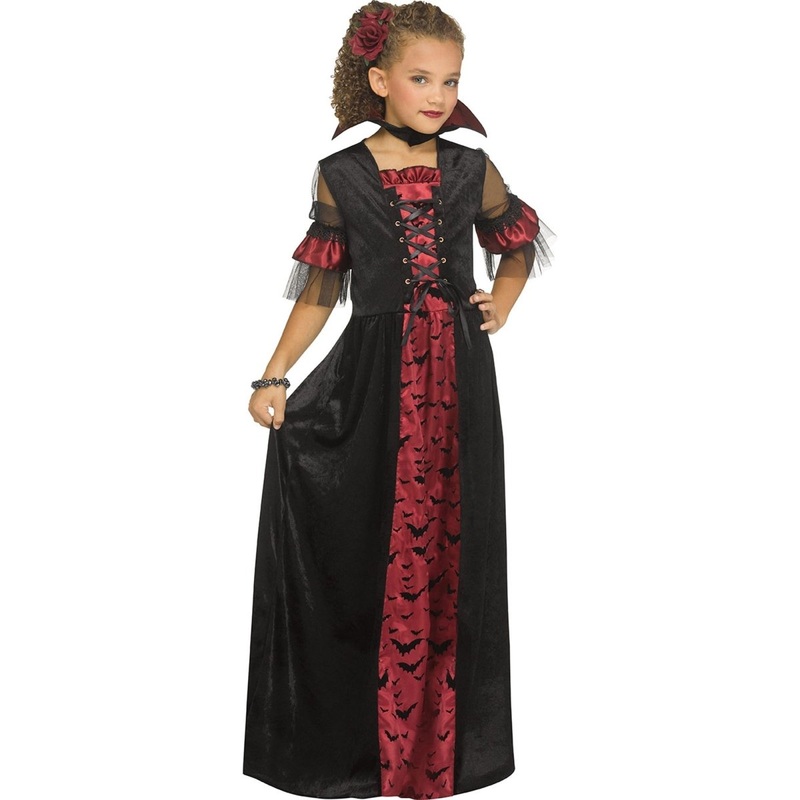 Victorian Vampiress Costume for Kids, Black and Red Long Dress M