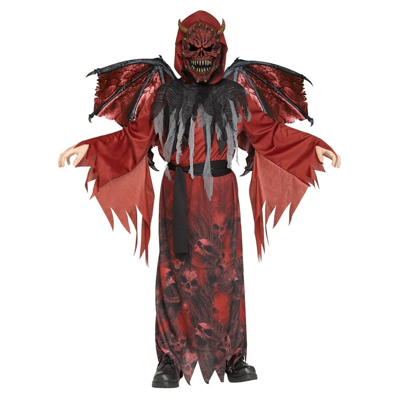 Winged Demon Costume for Kids, Red Hooded Robe M