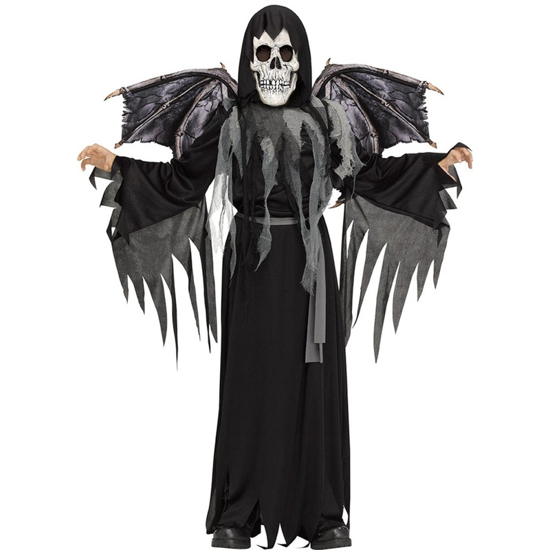 Winged Reaper Costume for Kids, Black Hooded Robe M