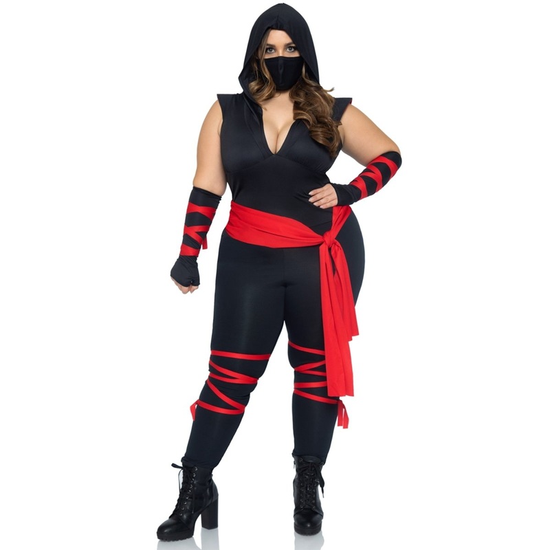 Deadly Ninja Plus Size Costume for Adults, Black and Red Jumpsuit 1X/2X